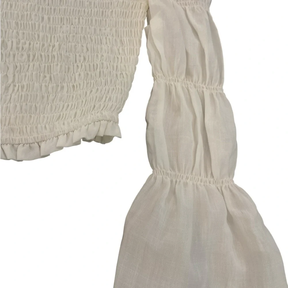 Le Lis cream cropped shirred top with puff long sleeves